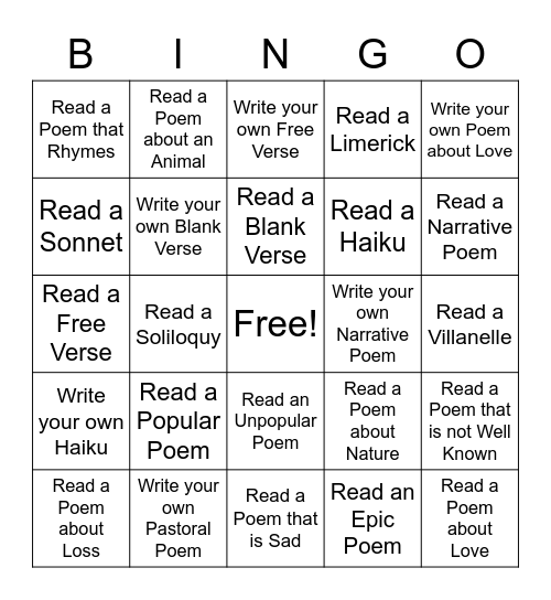 National Poetry Month Challenge Bingo Card