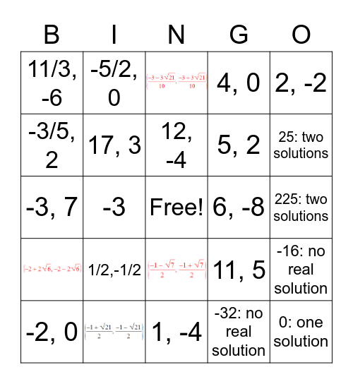 Solving Quadratics Bingo Card