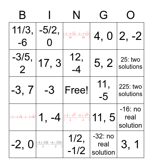 Solving Quadratics Bingo Card