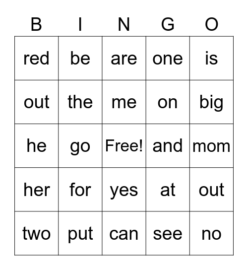 Sight Word Bingo Card