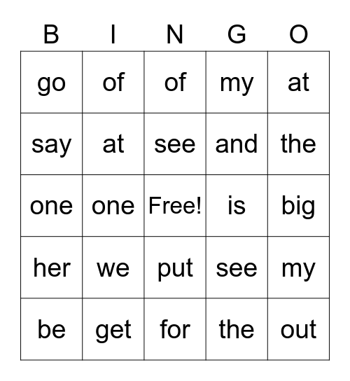 Sight Word Bingo Card