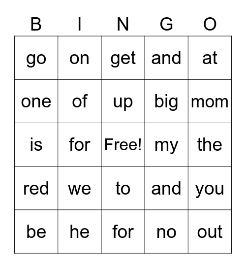 Sight Word Bingo Card