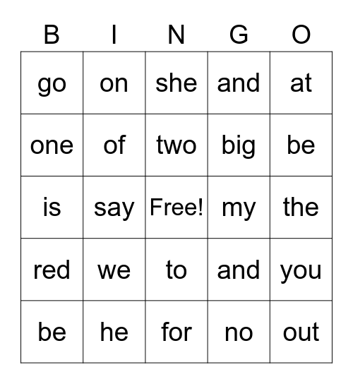 Sight Word Bingo Card
