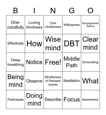 Mindfulness Bingo Card