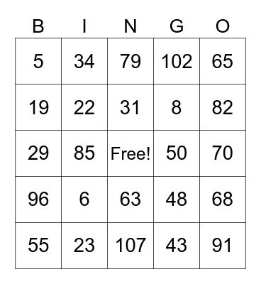 Number BINGO Card
