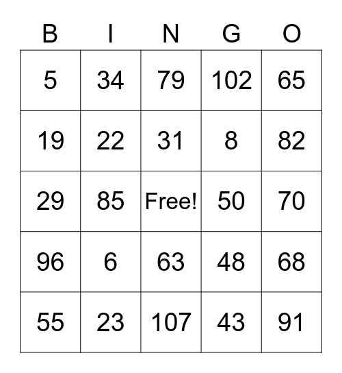 Number BINGO Card