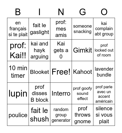 Bingo pour la Classe de Français Bingo Card