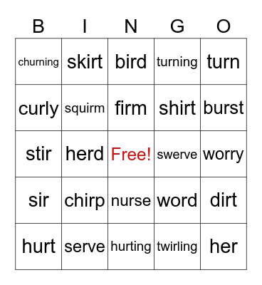 Grade 3 HMH 6.2 Lesson 17 er, ir, ur Bingo Card