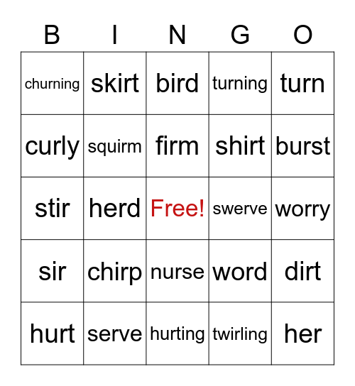 Grade 3 HMH 6.2 Lesson 17 er, ir, ur Bingo Card