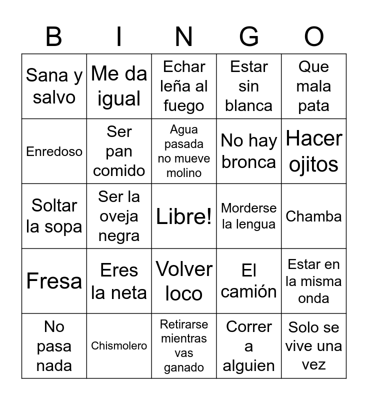 Modismos Y La Jerga Bingo Card