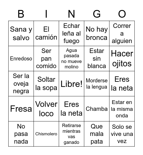 Modismos y La Jerga Bingo Card