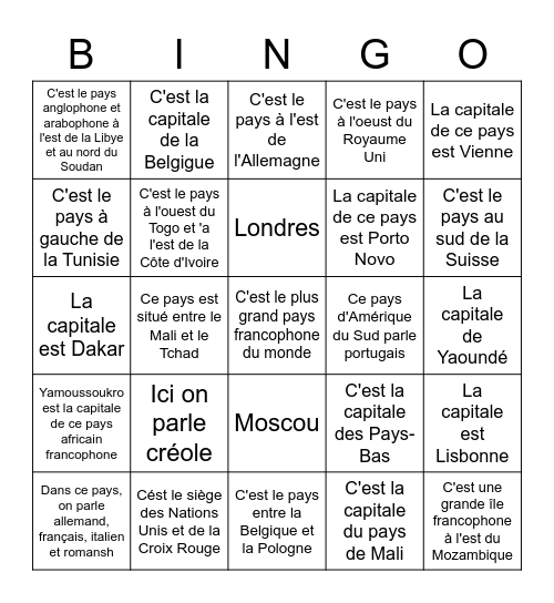 Les langues, les capitales, les pays francophones Bingo Card