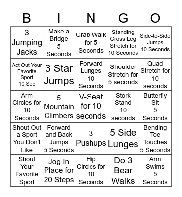 Fitness Bingo Card
