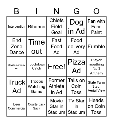 Super Bowl Bingo Card