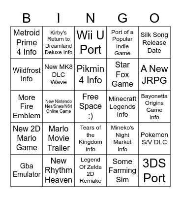 Nintendo Direct 2023 Bingo Card