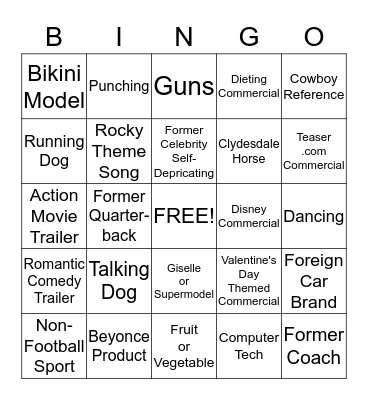 Super Bowl Commercials Bingo Card