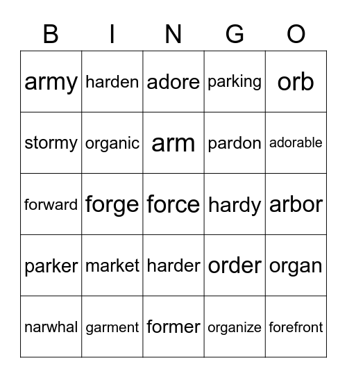 "ar" and "or" words Bingo Card