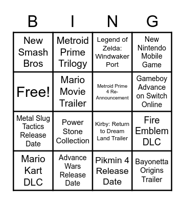 Nintendo Direct Bingo Card