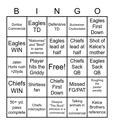 Superbowl 2023 Bingo Card