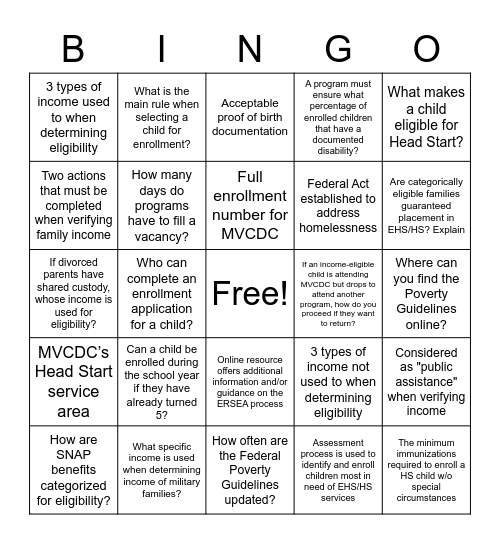 ERSEA BINGO Card