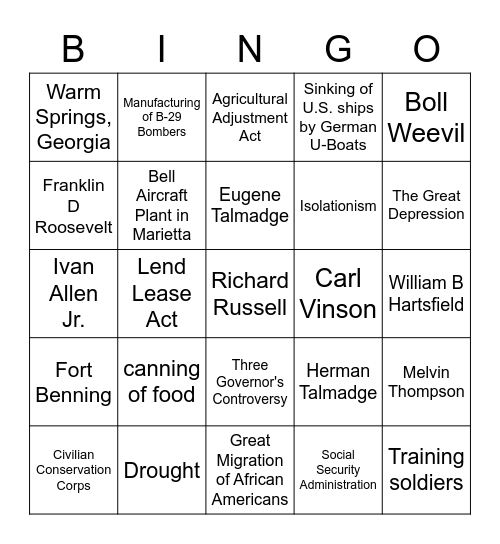 WWI - Post WWII Bingo Card