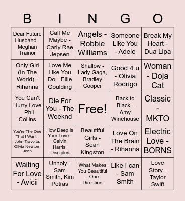 Music Bingo Valentines Bingo Card