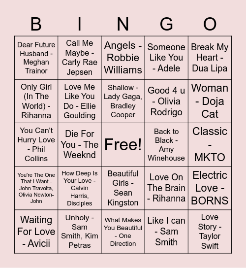 Music Bingo Valentines Bingo Card