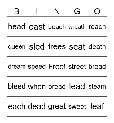 EE, EA Word Sort Bingo Card