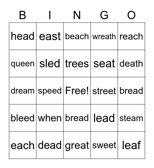 EE, EA Word Sort Bingo Card