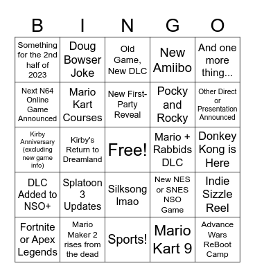 Nintendo Direct Bingo Card