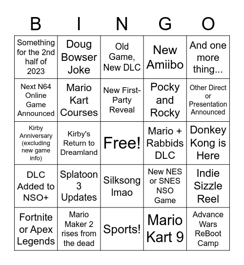 Nintendo Direct Bingo Card