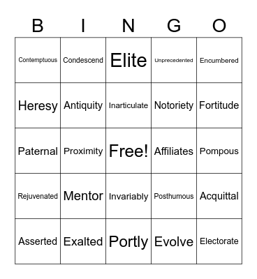 Vocabulary Bing Bingo Card