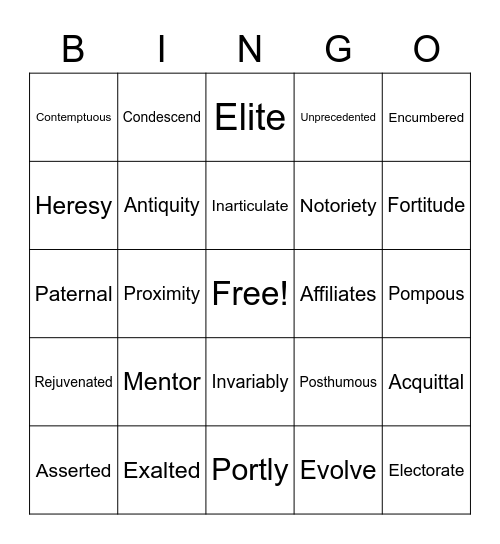 Vocabulary Bing Bingo Card