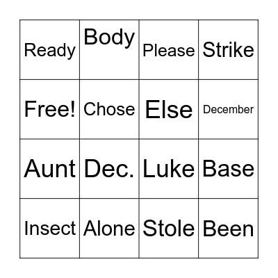 3rd spelling Bingo Card