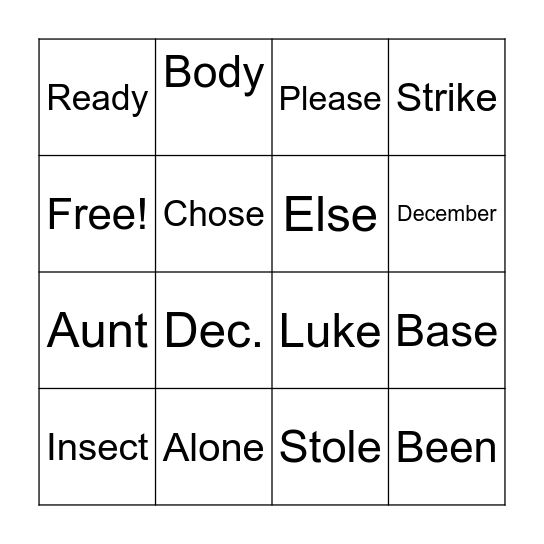 3rd spelling Bingo Card