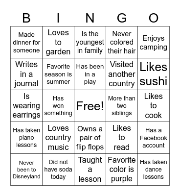 Get to Know You Bingo Card