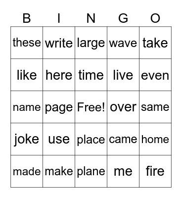 VCE High Frequency Words Bingo Card