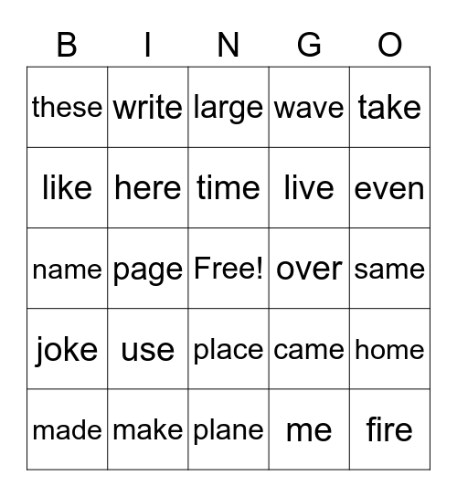 VCE High Frequency Words Bingo Card
