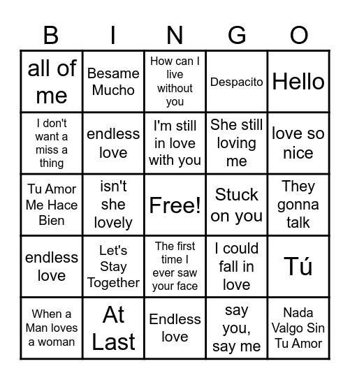 oldies/spanish/ caribbean Bingo Card