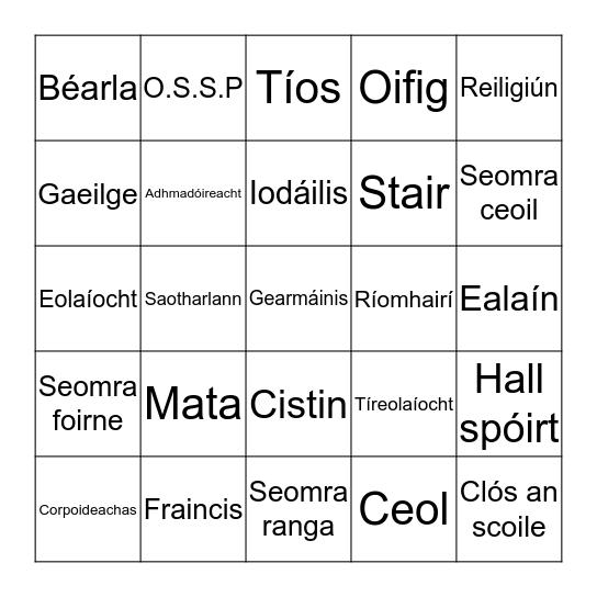 Na hÁbhair Scoile Bingo Card