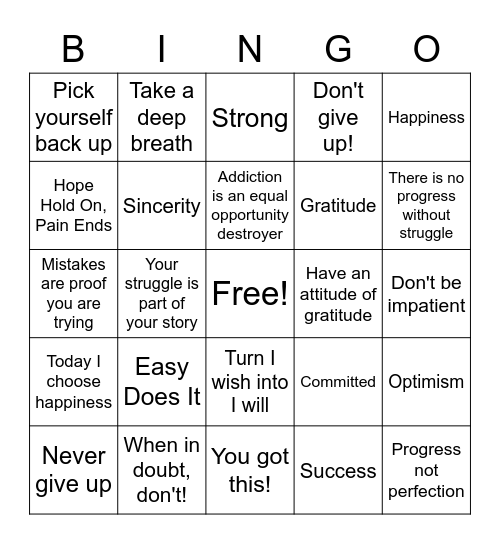 Recovery Bingo Card