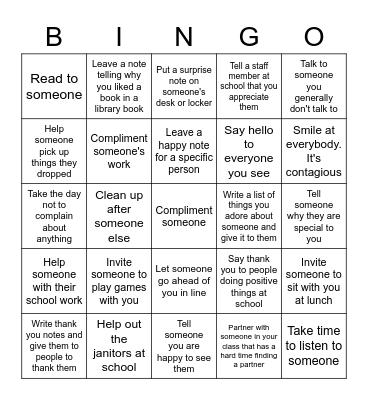 Random Acts of Kindness Bingo Card
