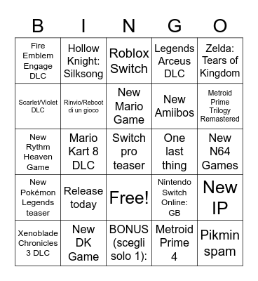 Nintendo Direct 2023 Bingo Card