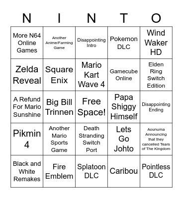 Nintendo Direct Bingo Card