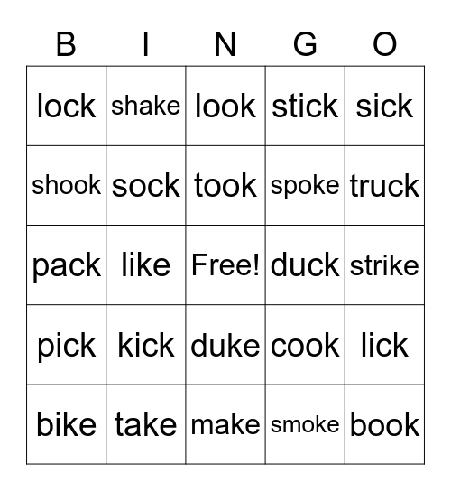 Word Sort -k, -ke, and -ck Bingo Card