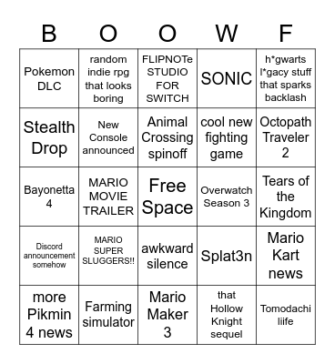 Nintendo Direct Bingo Card