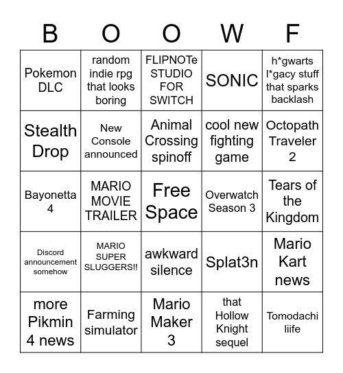 Nintendo Direct Bingo Card