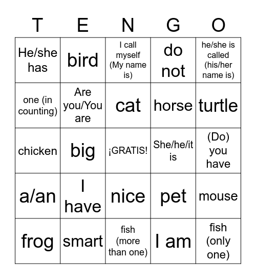 Las mascotas y el vocab. adicional Bingo Card