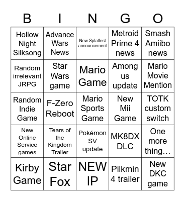 Nintendo Direct Bingo Card