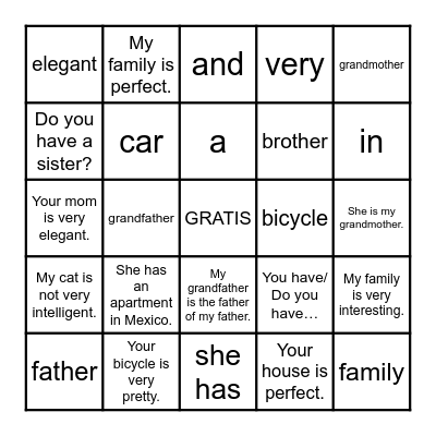 4th Grade- Family Vocabulary Bingo Card